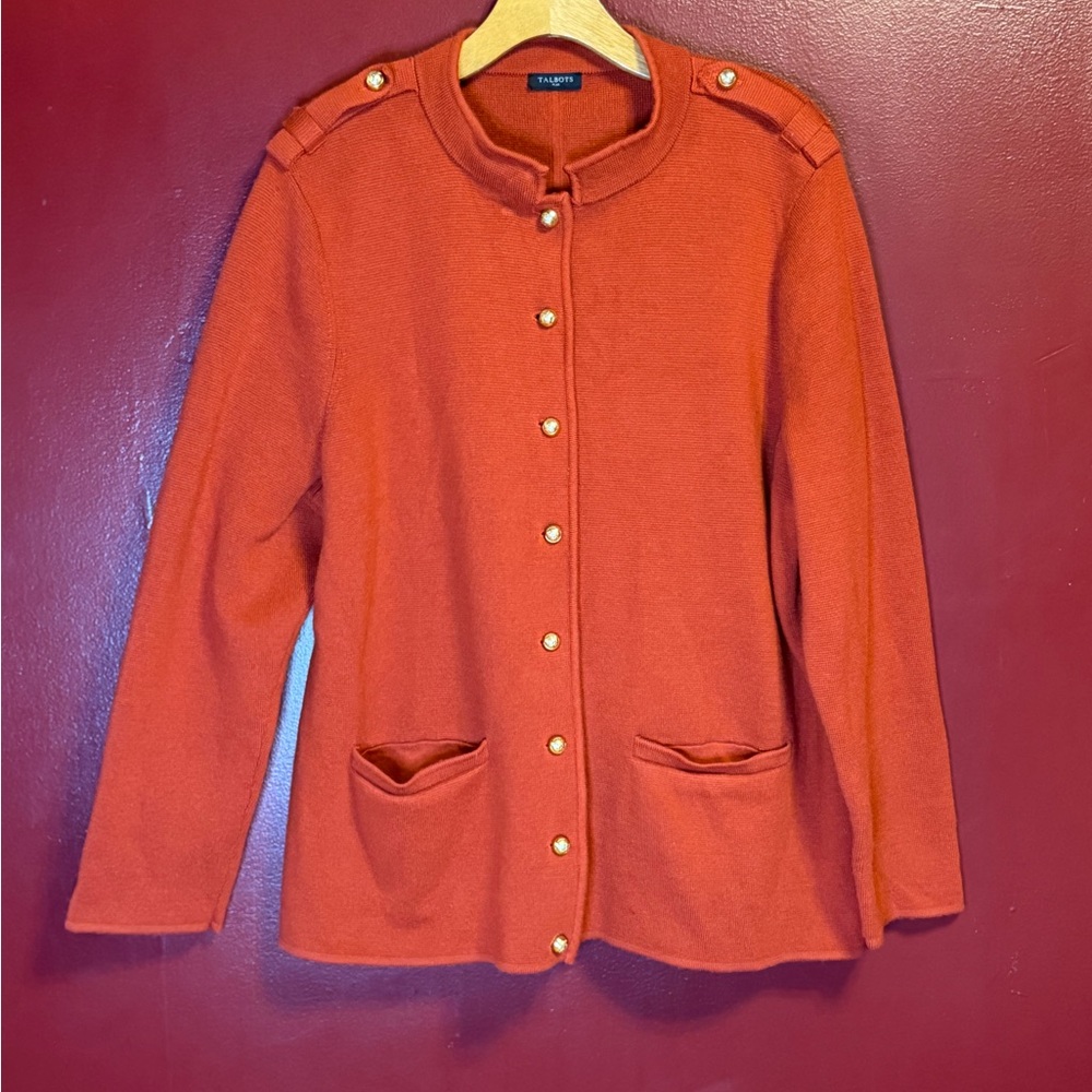 Talbots merino wool-blend cardigan sweater size 1X‎ burnt orange military-style